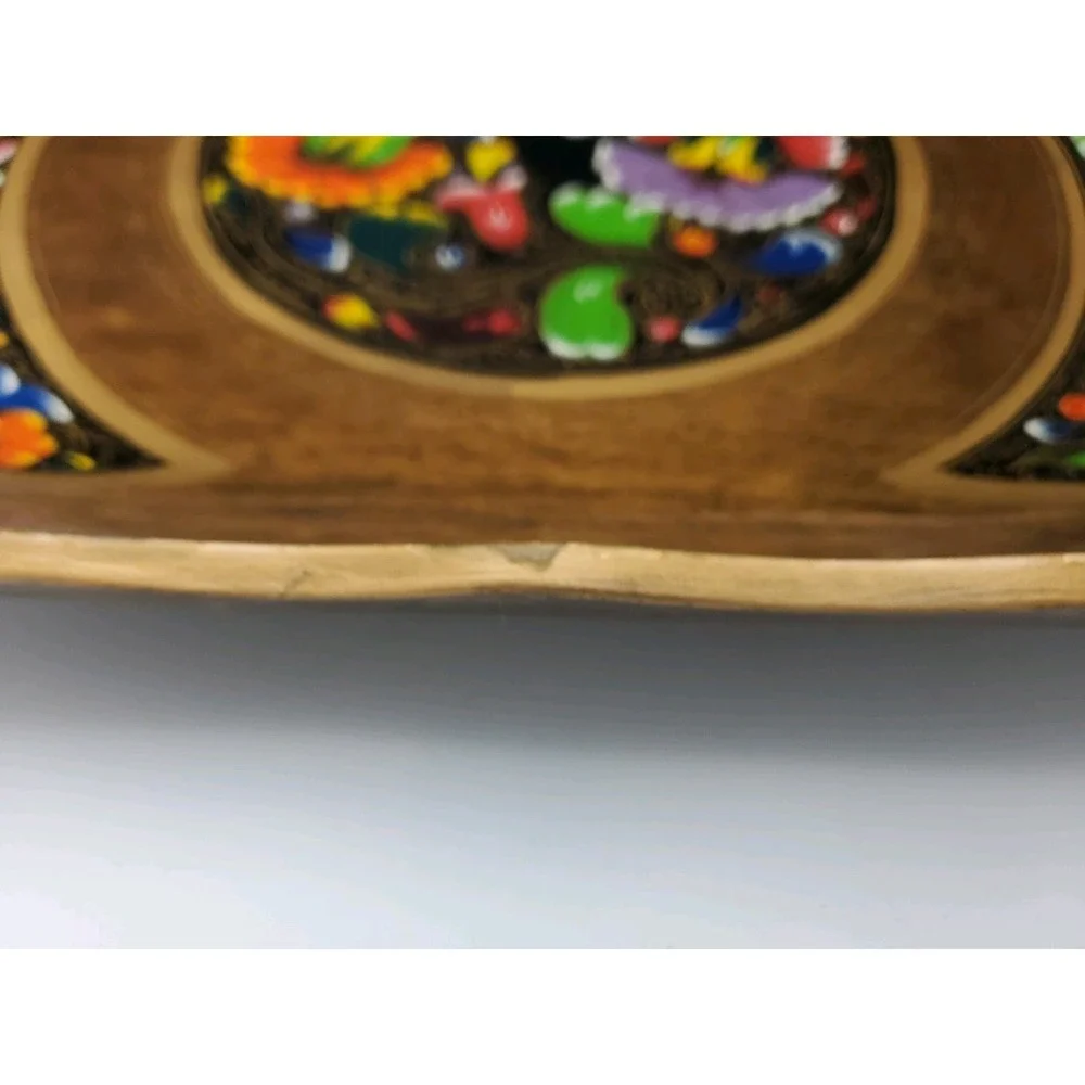Vtg Mexico Batea Wood Hang Decor Serving Tray Handles Handpainted Bright Flowers